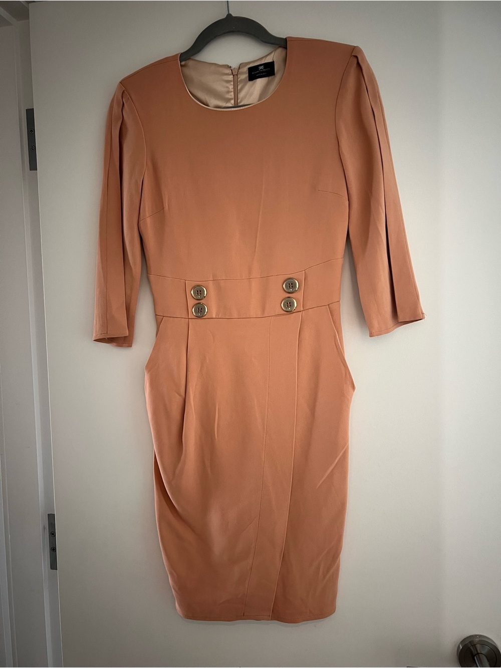 Elisabetta Franchi Peach Midi Sheath Dress Gold Logo Buttons Made in Italy